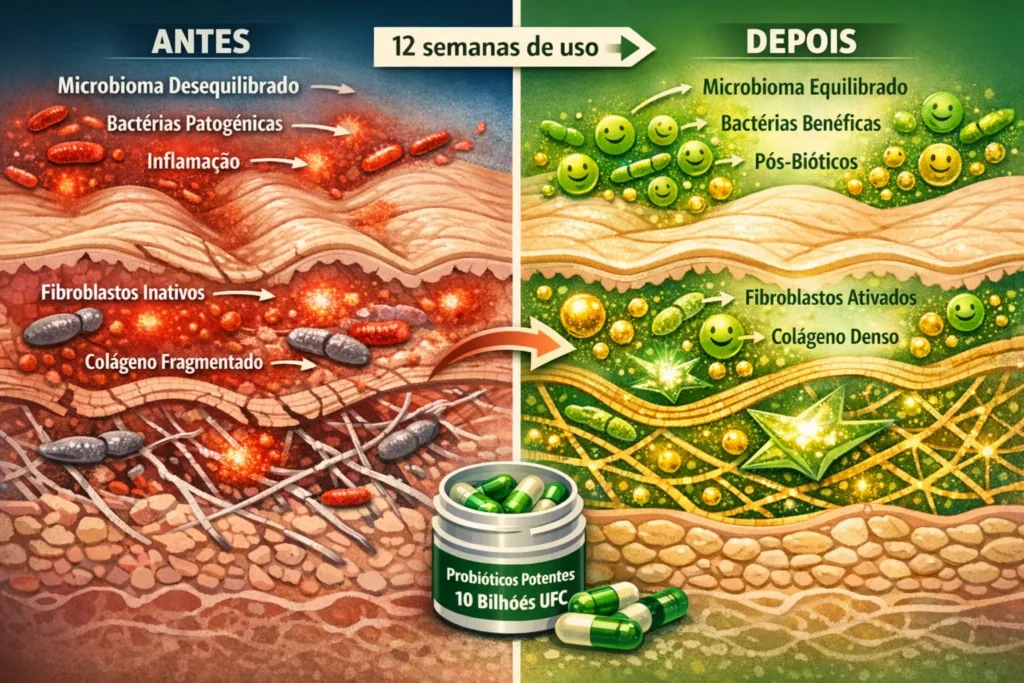 Infográfico comparativo de "Antes e Depois" mostrando a regeneração da estrutura da pele. À esquerda, pele com inflamação e colágeno fragmentado; à direita, pele após 12 semanas com microbioma equilibrado, fibroblastos ativos e colágeno denso.