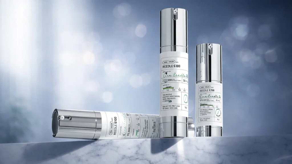 Linha VT Reedle Shot completa: frascos premium S100 (95.000 reedles), S300 (237.500 reedles) e S700 (590.000 reedles) com microagulhas dissolvíveis de silício — escolha sua concentração ideal para tratamento coreano de rejuvenescimento progressivo em casa