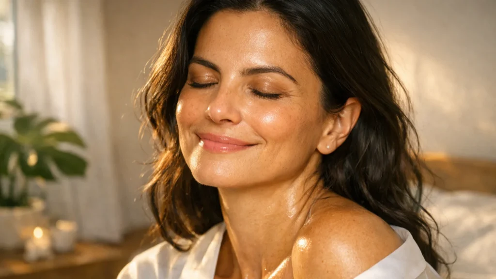 Resultado autêntico VT Reedle Shot em mulher madura brasileira: glass skin natural sem maquiagem, luminosidade genuína de dentro para fora, pele radiante com textura refinada e poros minimizados após 8 semanas de uso consistente — prova real de rejuvenescimento coreano