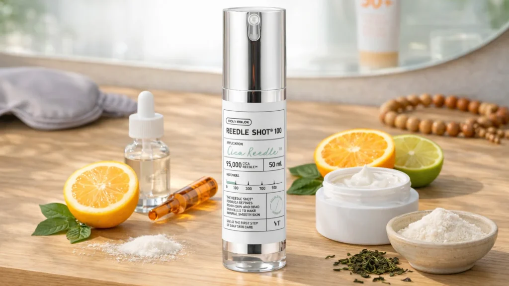VT Reedle Shot 100 integrado em rotina de skincare coreana com niacinamida, vitamina C, peptídeos, colágeno hidrolisado e ritual de autocuidado para rejuvenescimento facial completo