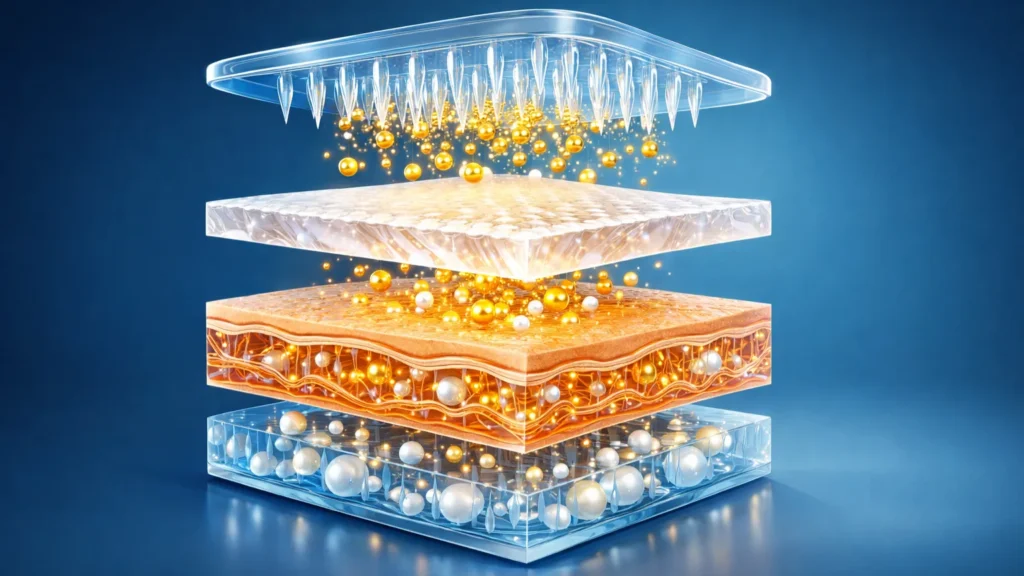 Ilustração 3D da tecnologia VT Reedle Shot mostrando microagulhas dissolvíveis de silício penetrando camadas da pele, liberando ácido hialurônico e colágeno para absorção 243% superior de ativos — tratamento coreano de microneedling doméstico